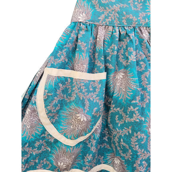Vintage Handmade Floral Fan Motif, White Trim Detail Tie Back Pocket Half Apron‎ - Picture 4 of 7